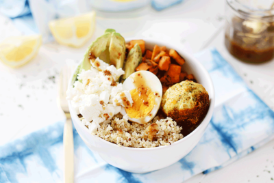 La recette de la SALADE DE QUINOA ET BOULETTES DE POULET AU CURRY