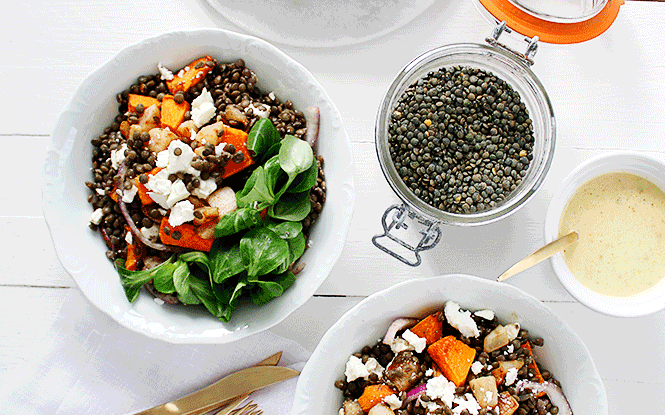 Recette de la Salade de lentilles aux poires, courges rôties