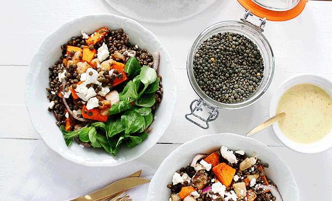 Recette de la Salade de lentilles aux poires, courges rôties